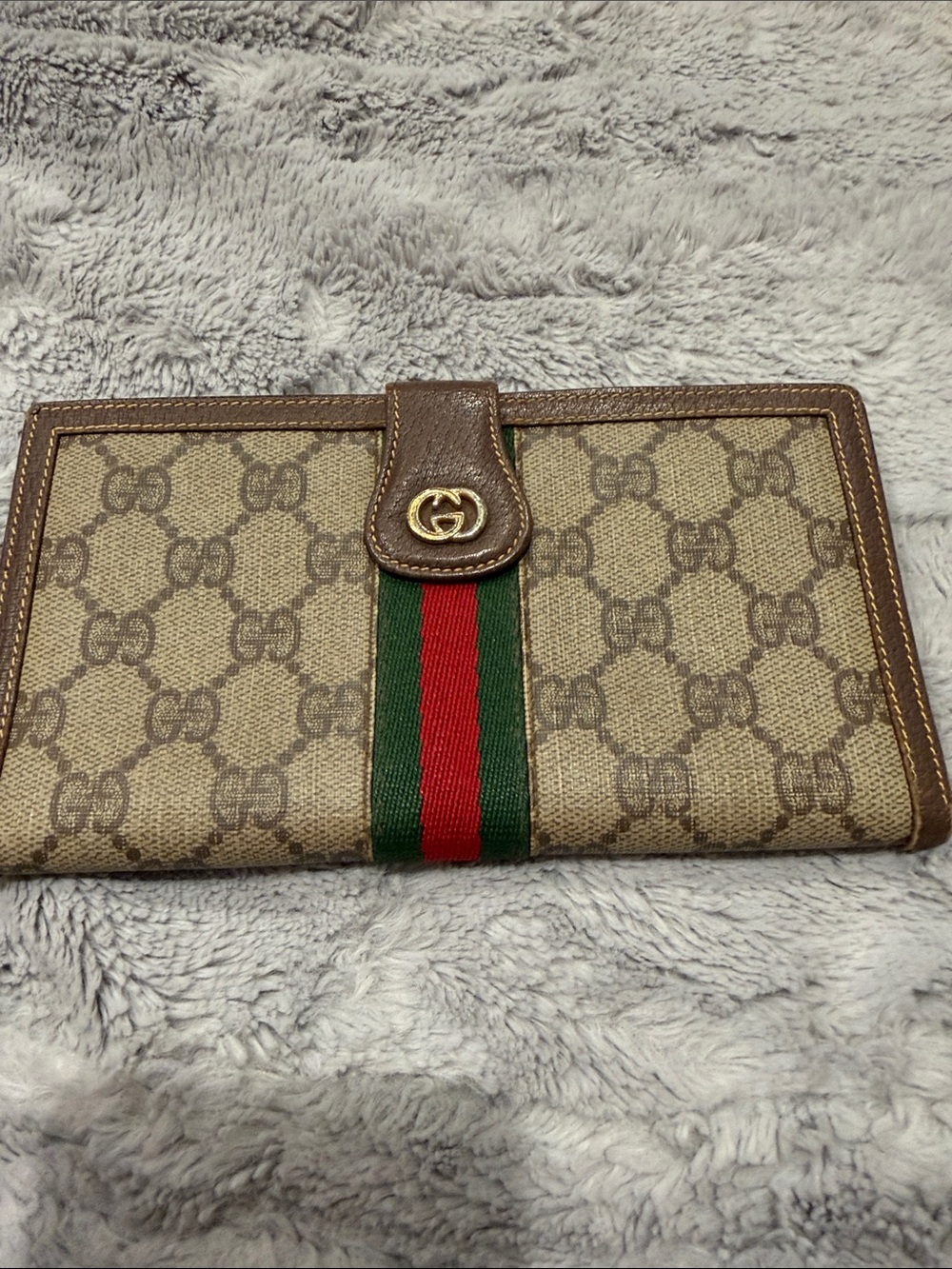 Gucci Beige GG Canvas Continental Wallet with Green Red Web and Brown Trim